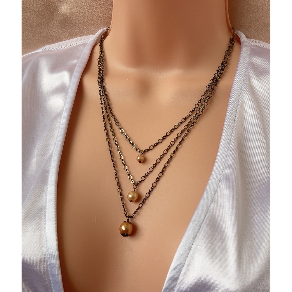 Vintage Layered Necklace 3-Strand Bronze Tone Peach Pearl Bead Drops 18" Boho